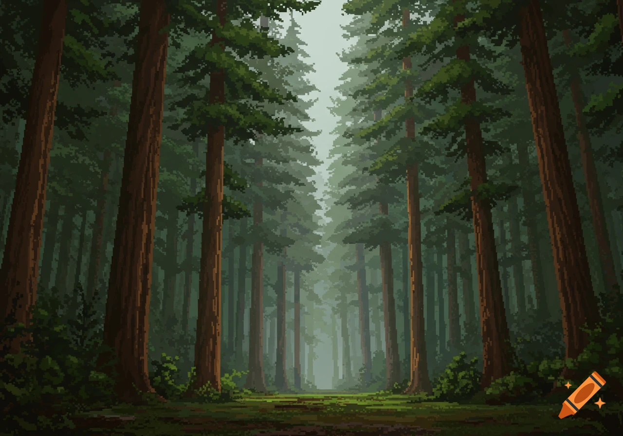 Retro pixel art of a dense forest with tall trees along a path.