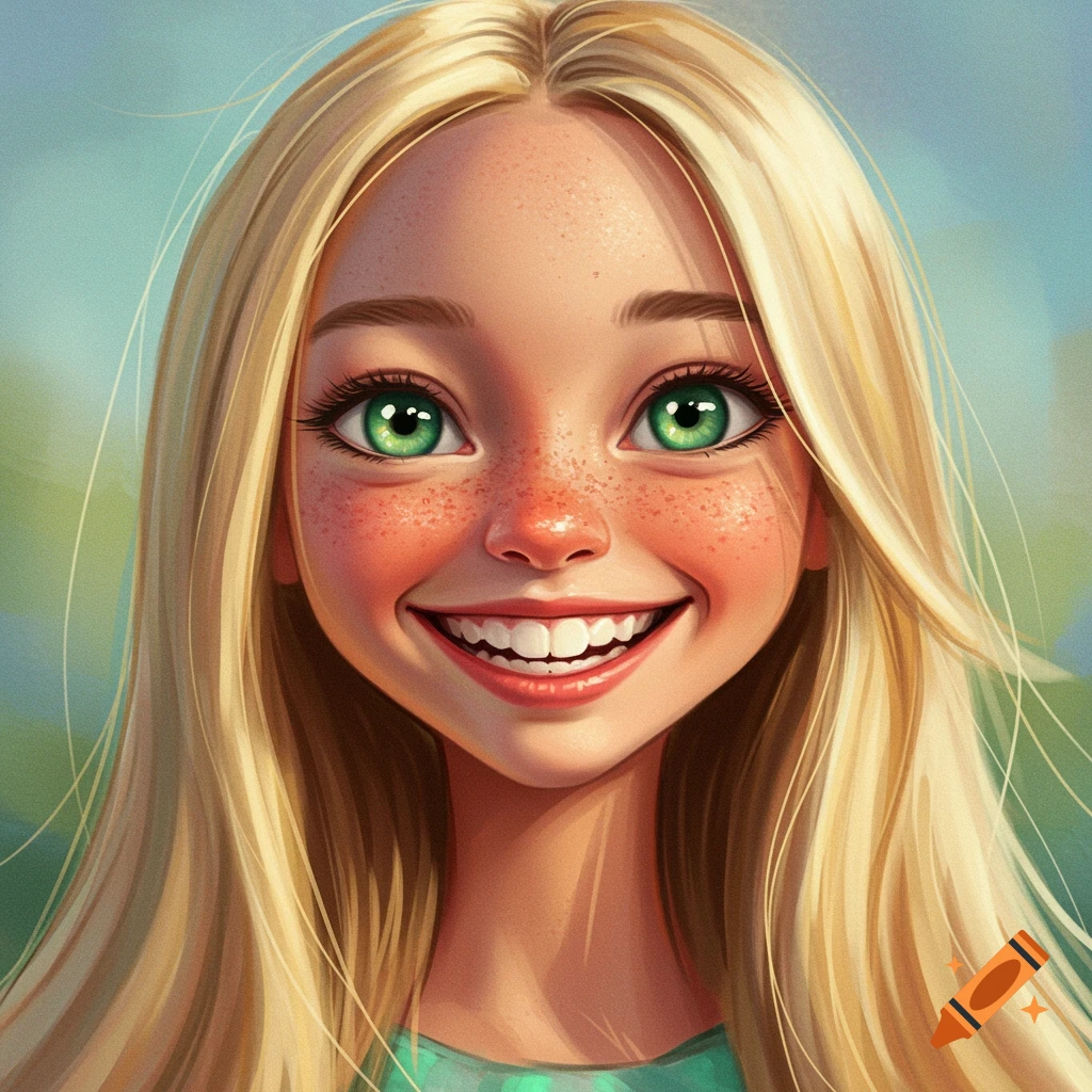 Portrait of a young girl with blonde hair, green eyes, freckles, and a wide, happy smile.