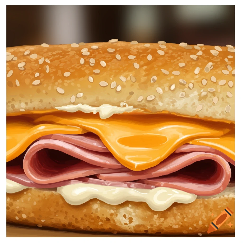 A close-up of a ham and cheese sandwich on a sesame seed roll.