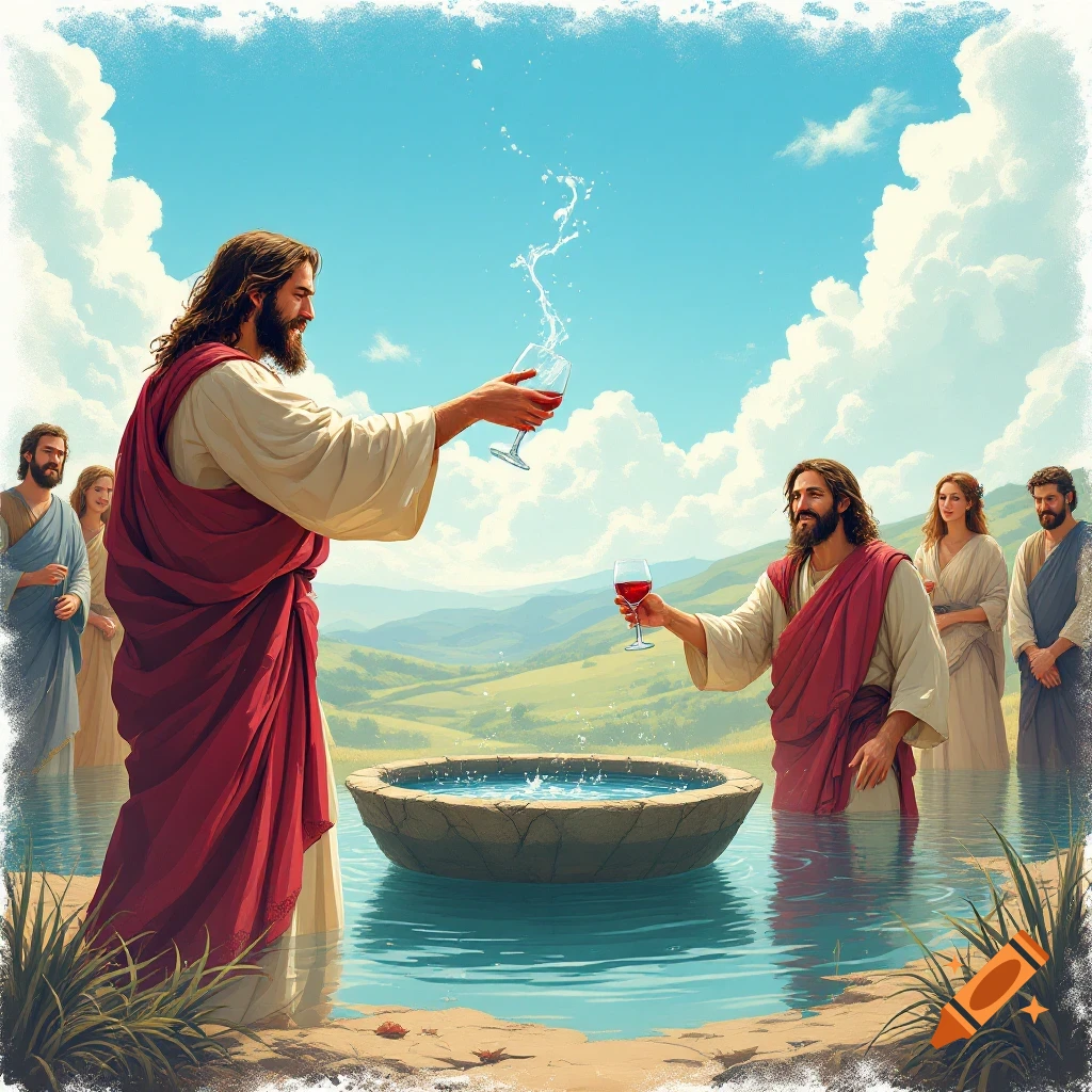 Jesus turning water into wine in an outdoor scene with followers.