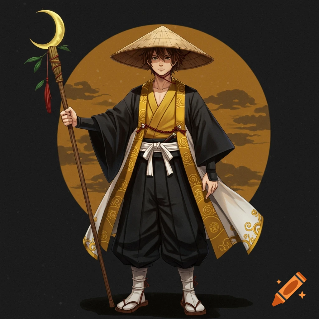 A young man in a straw hat and black and yellow robe holds a staff with a crescent moon. Anime style.