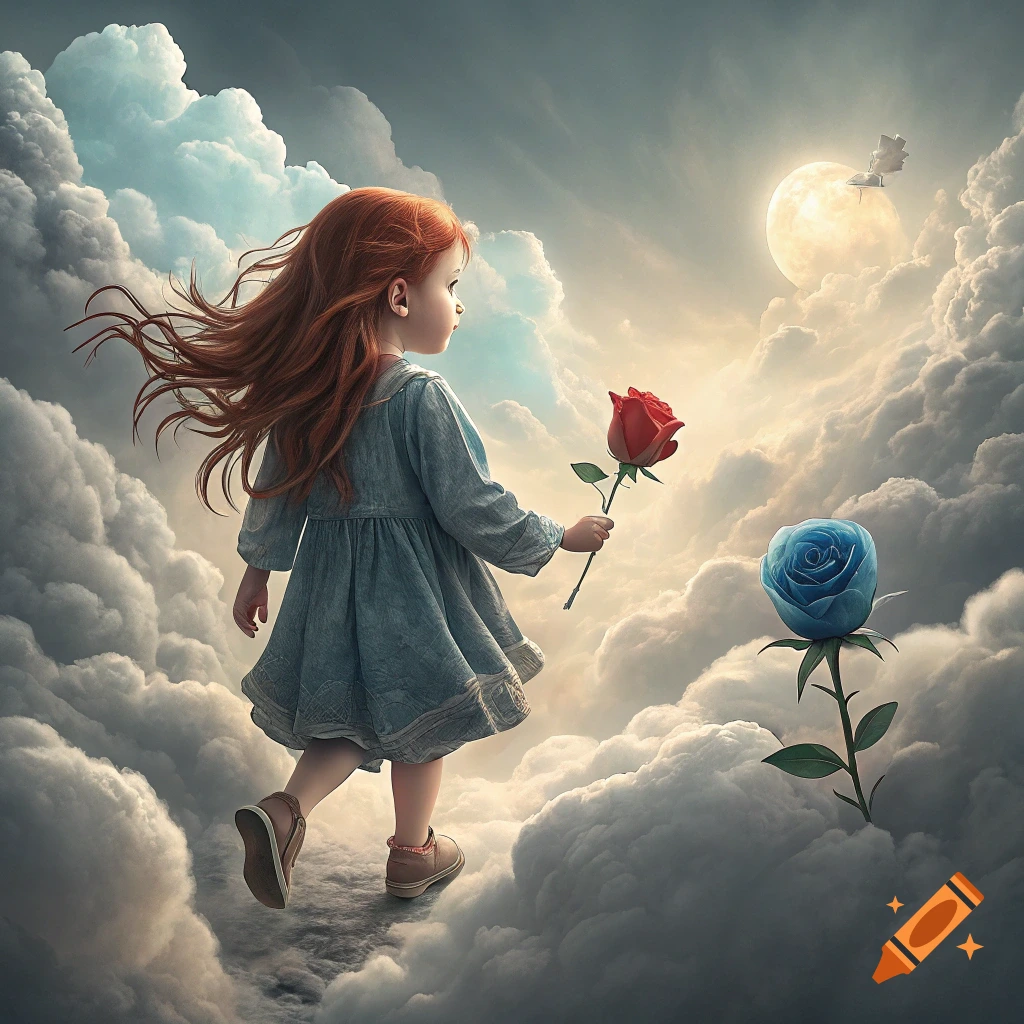 A red-haired girl in a dress walks through clouds towards a bright moon, holding a red rose while a blue rose grows nearby.