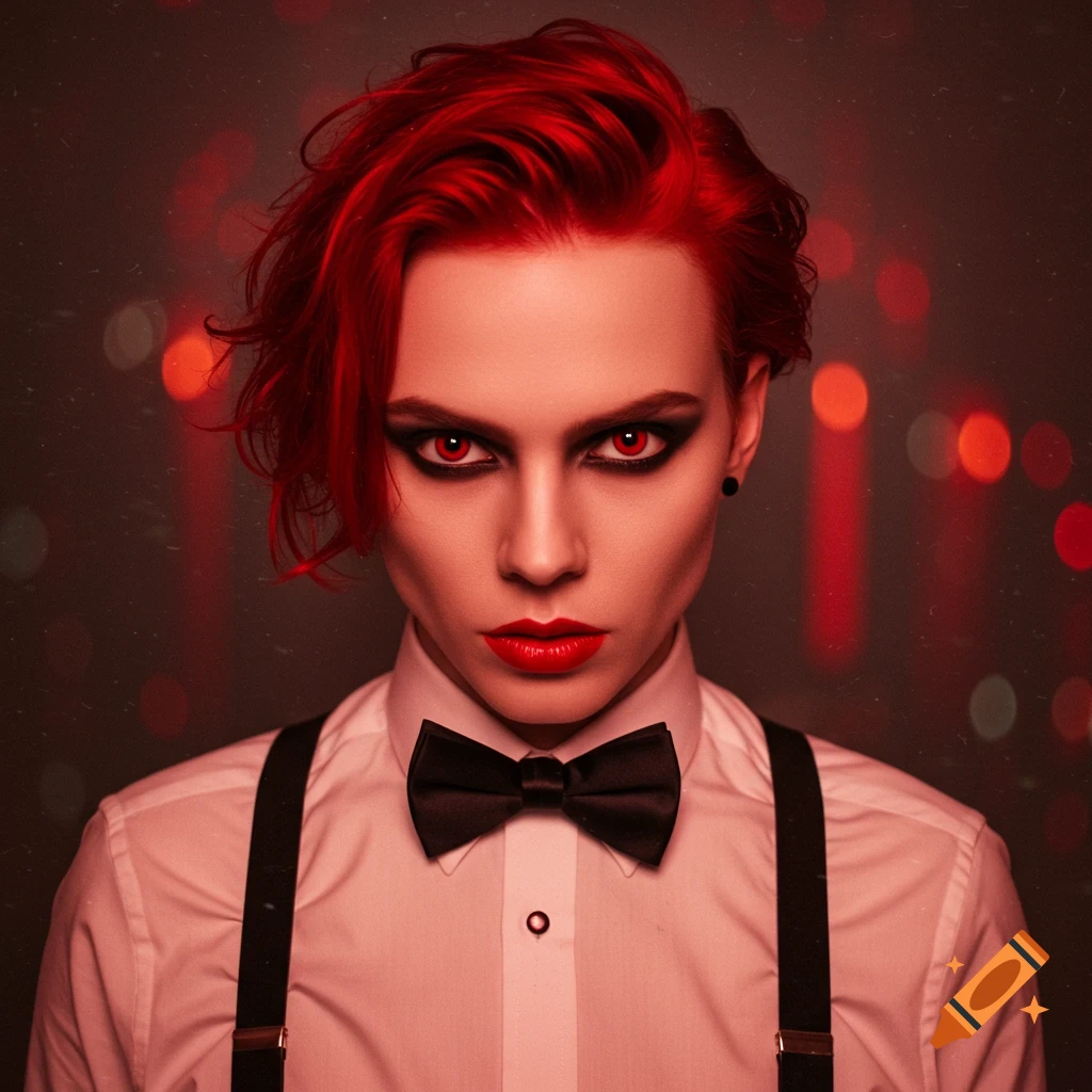 A portrait of a person with striking red hair and eyes, wearing a white shirt, bow tie, and suspenders.