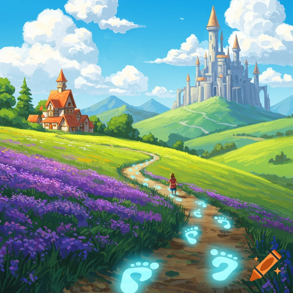 A child walks on a path with glowing footprints through a field of purple flowers towards a castle on a distant hill in a bright, illustrated landscape.