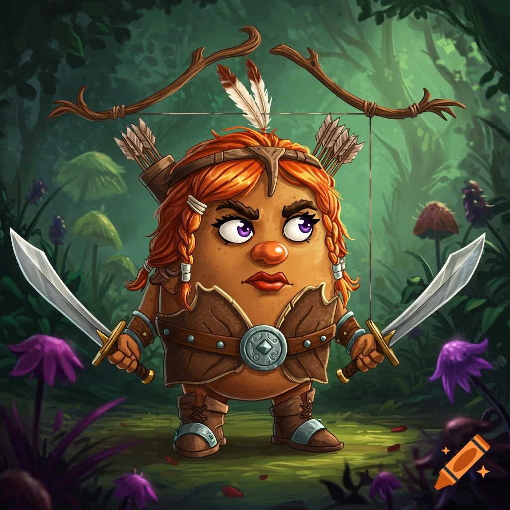 Cartoon potato warrior character holding swords in a fantasy forest