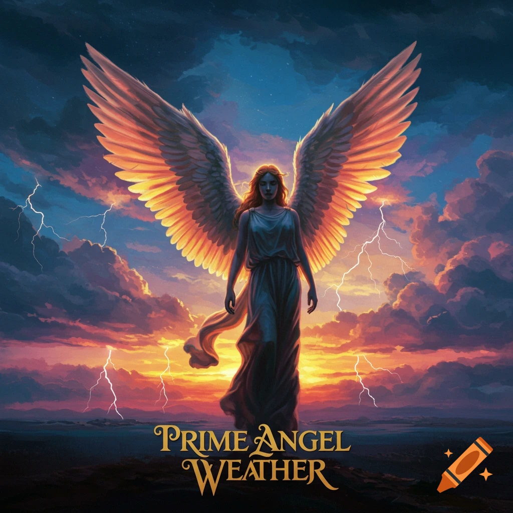 An angel with large wings stands against a stormy sky with lightning, with text reading 'Prime Angel Weather'.