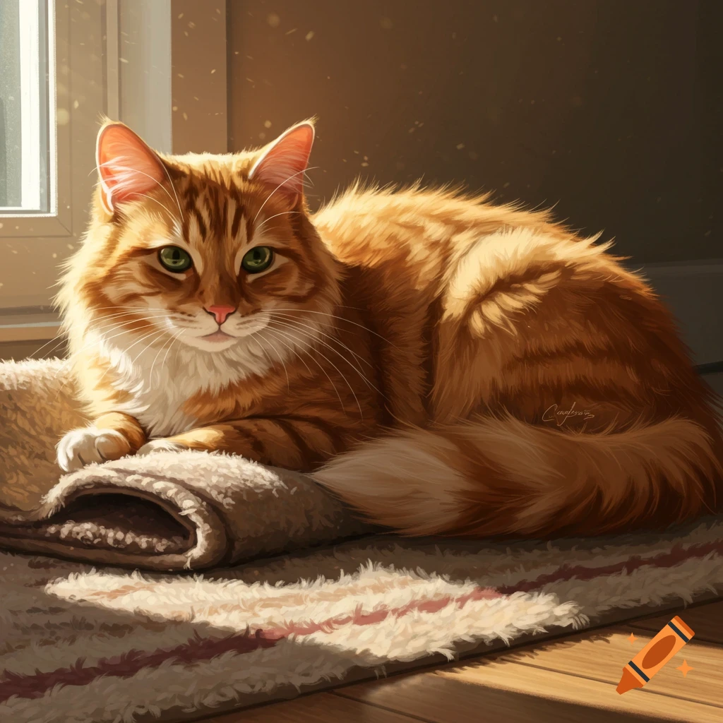An orange tabby cat is lying on a blanket in the sunlight.