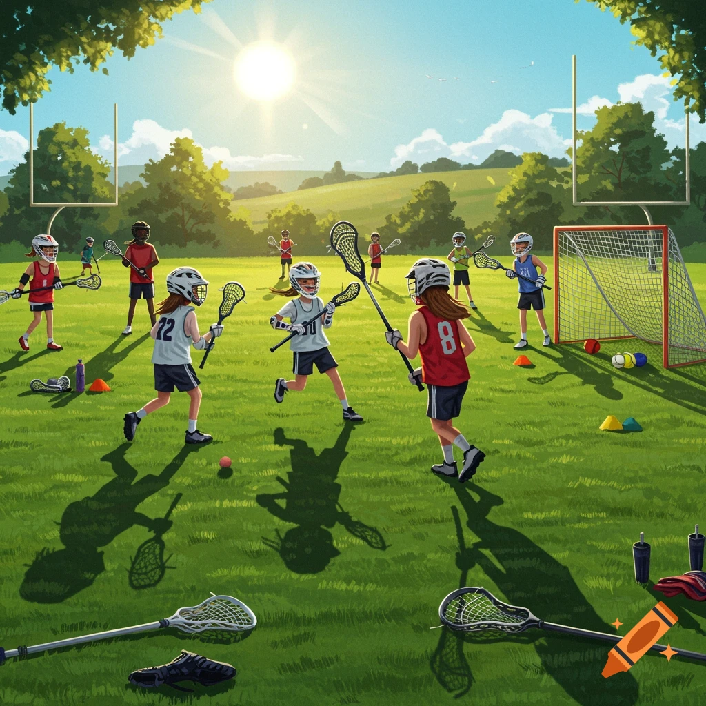 Young athletes playing lacrosse on a sunny field