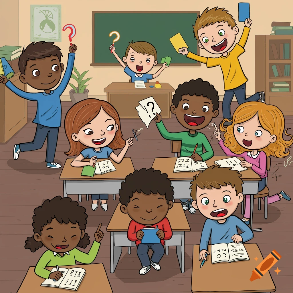 A diverse group of happy cartoon children in a classroom setting, some holding papers and cards.