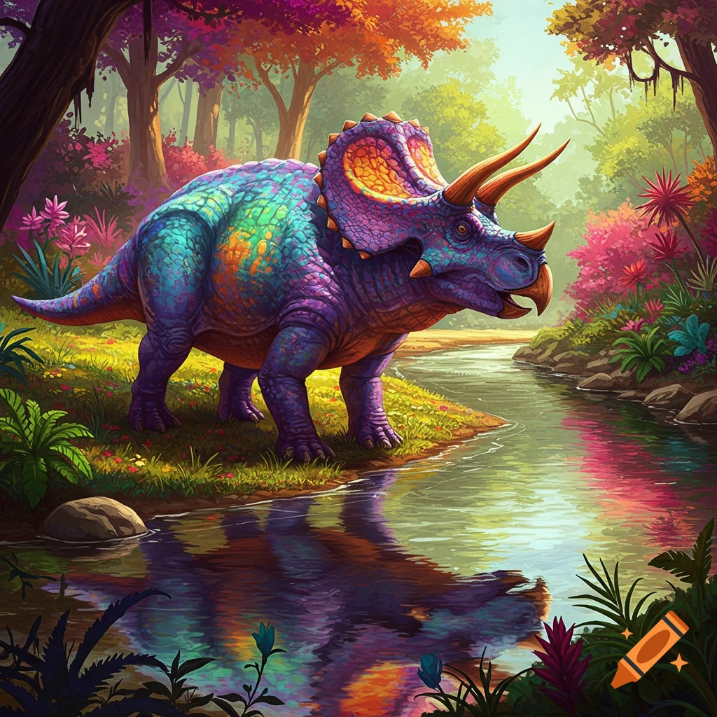 A colorful triceratops stands by a river in a vibrant fantasy forest.