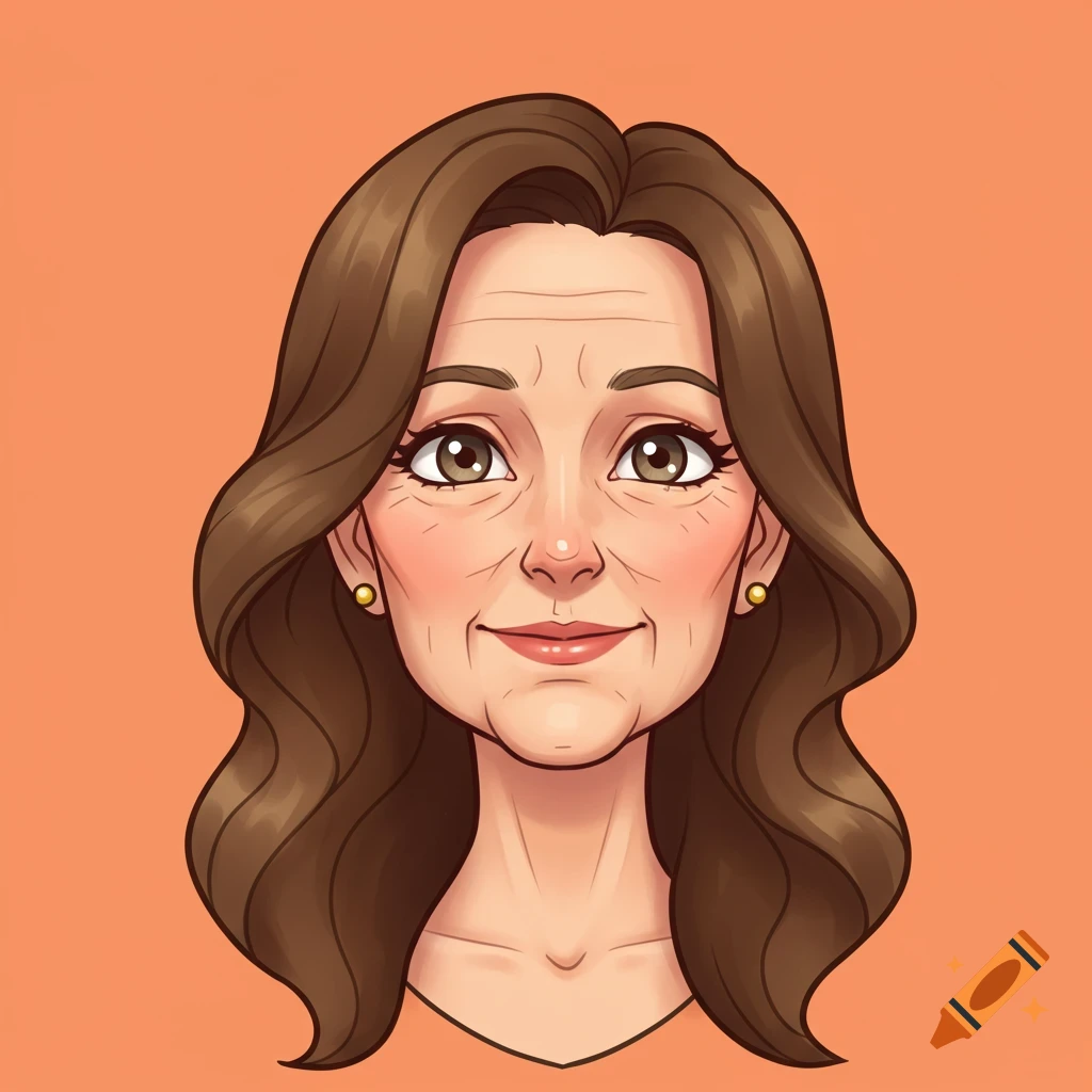 Cartoon portrait of an older woman with brown hair and gold earrings on an orange background.
