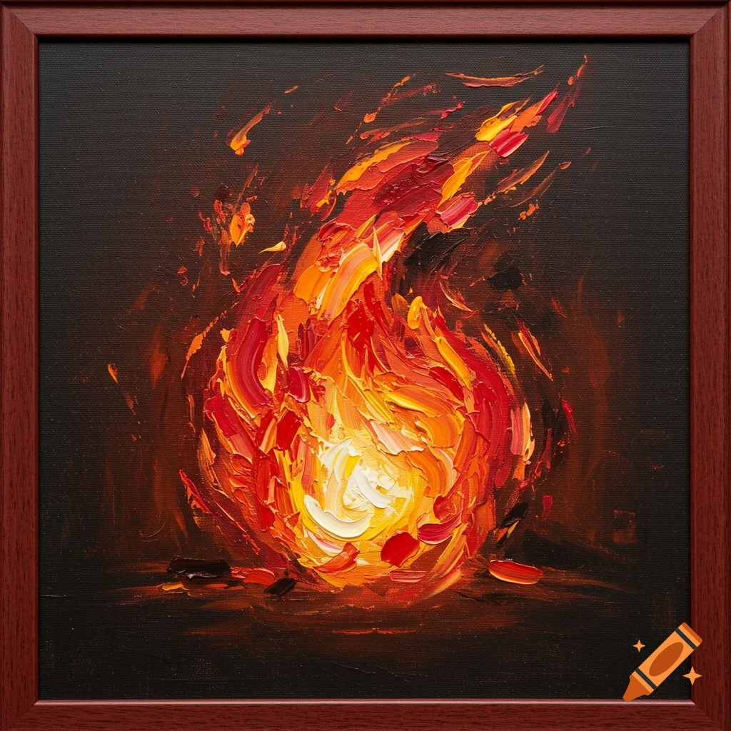 An expressionist painting of a flame with thick impasto strokes, set in a mahogany frame.