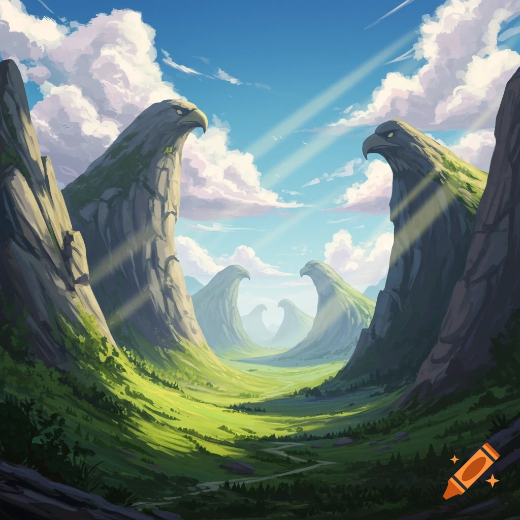 A fantasy valley with large rock formations shaped like eagle heads, under a cloudy sky with sun rays.