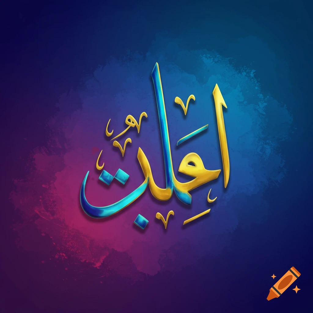 Arabic calligraphy in gold and blue on a textured background.