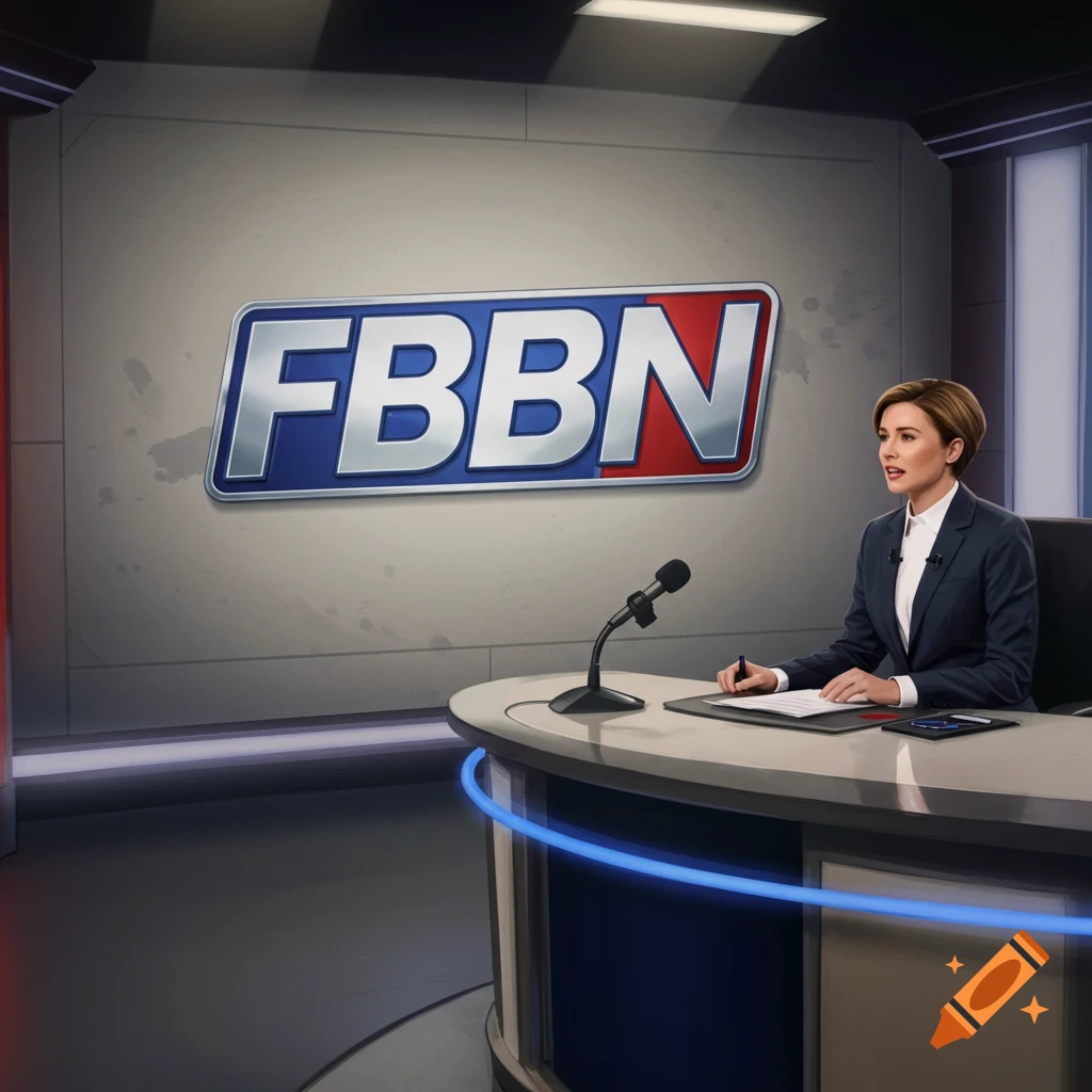 A news reporter is at a desk in a studio with a logo that says FBBN on the wall.