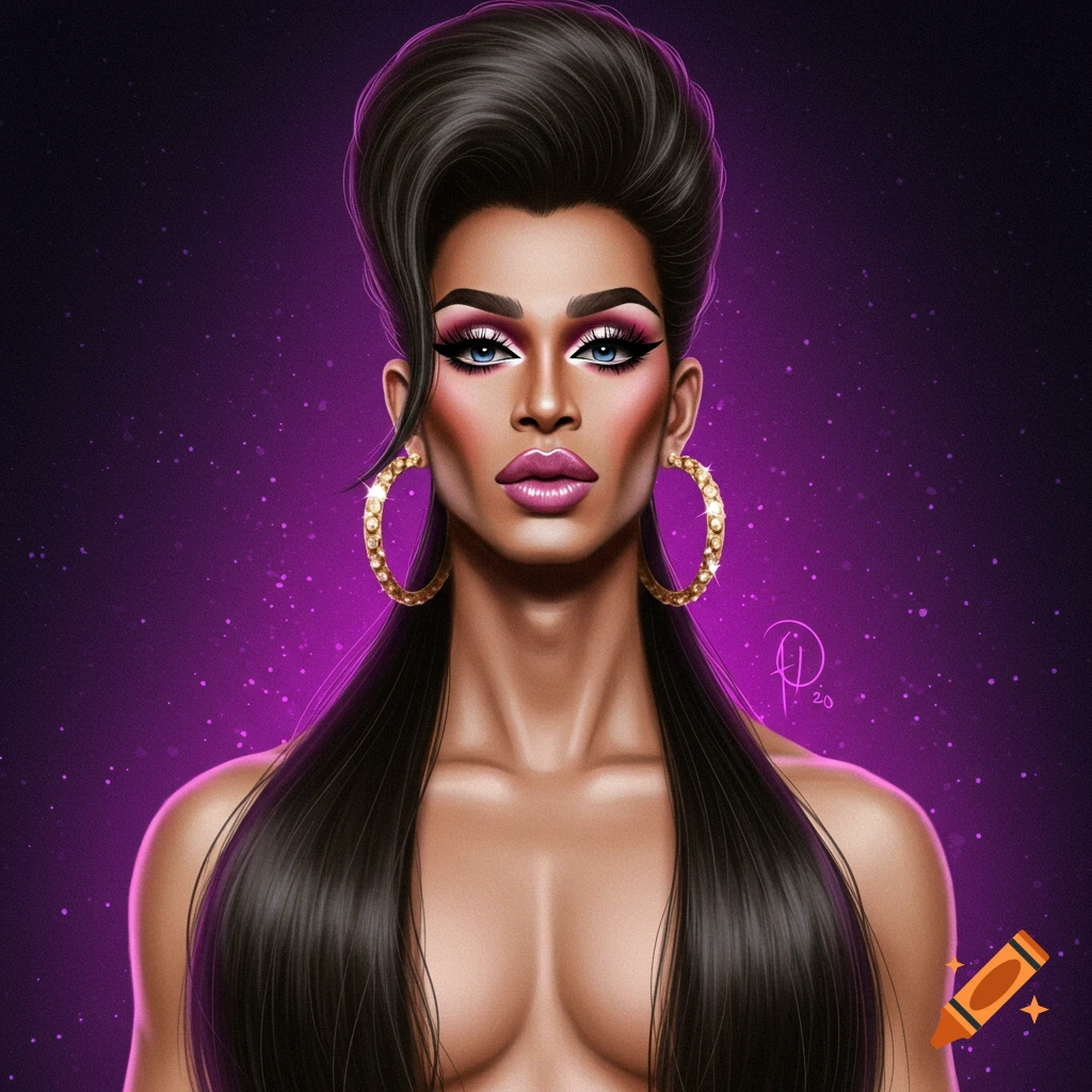 A person in drag makeup with large hoop earrings and a high hairstyle, bare-chested.