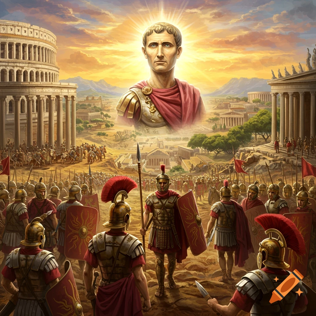 A Roman emperor bust floating over a landscape with legions and architecture.