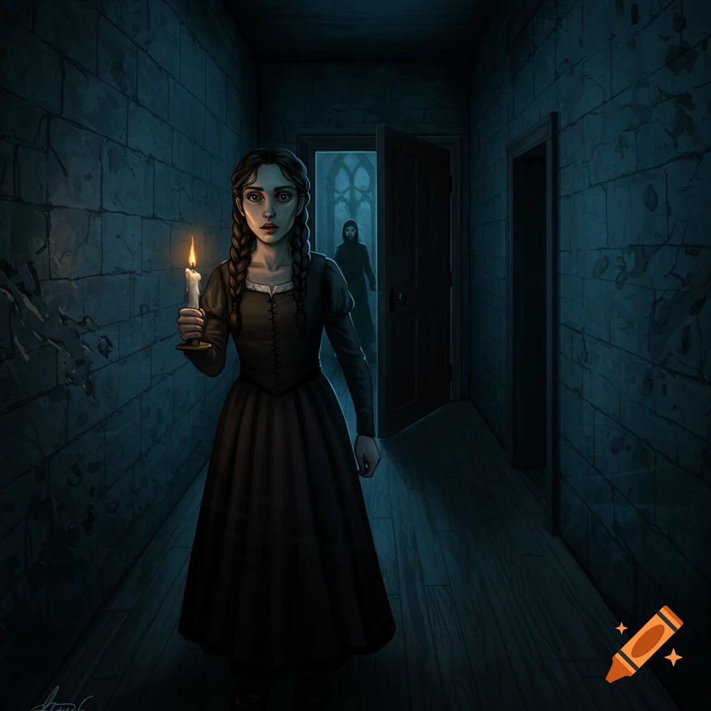 A girl with braided hair holds a candle in a dark hallway, with a shadowy figure visible in the doorway.