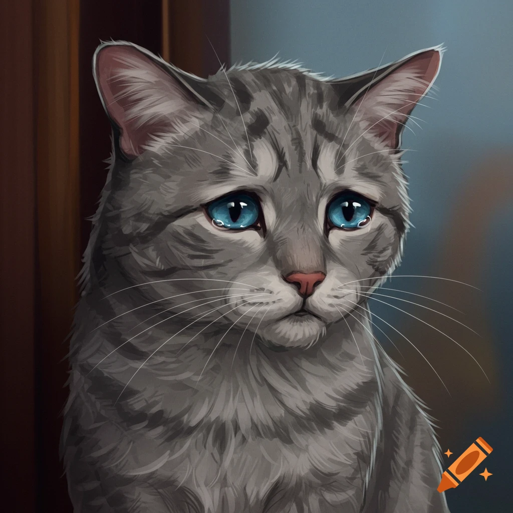 A sad gray tabby cat with blue eyes.