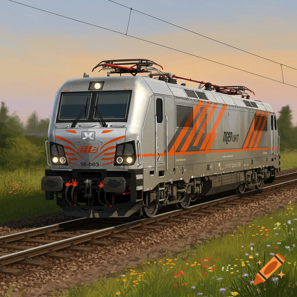 A silver and orange electric train moves on tracks through a field of flowers.