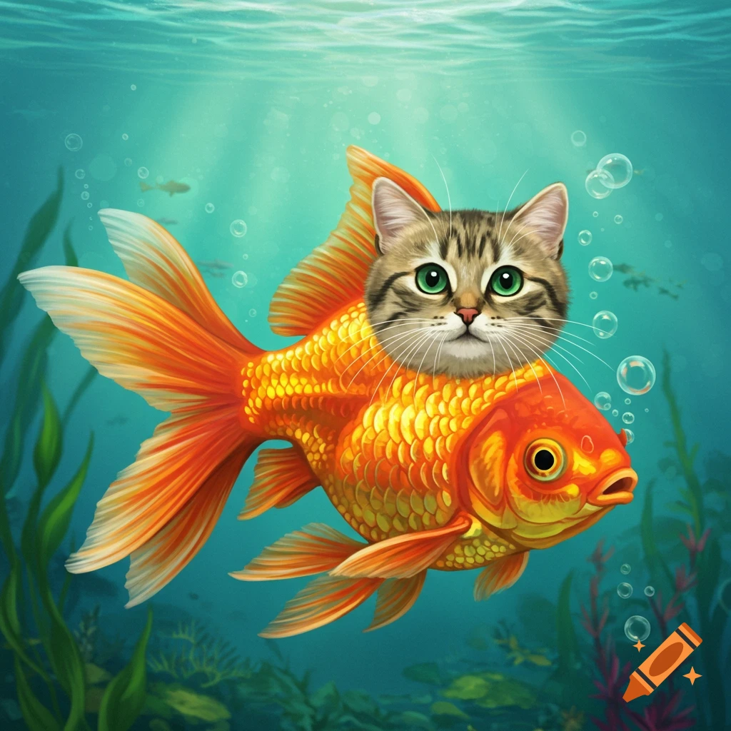 A cat's head on a goldfish body is shown swimming underwater.