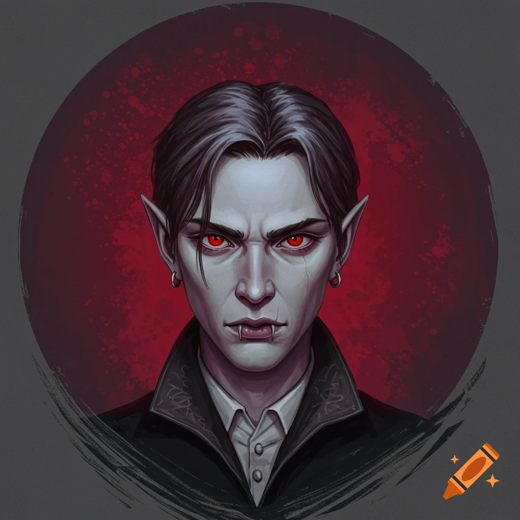 A male vampire with pale skin, red eyes, and fangs, against a red background.