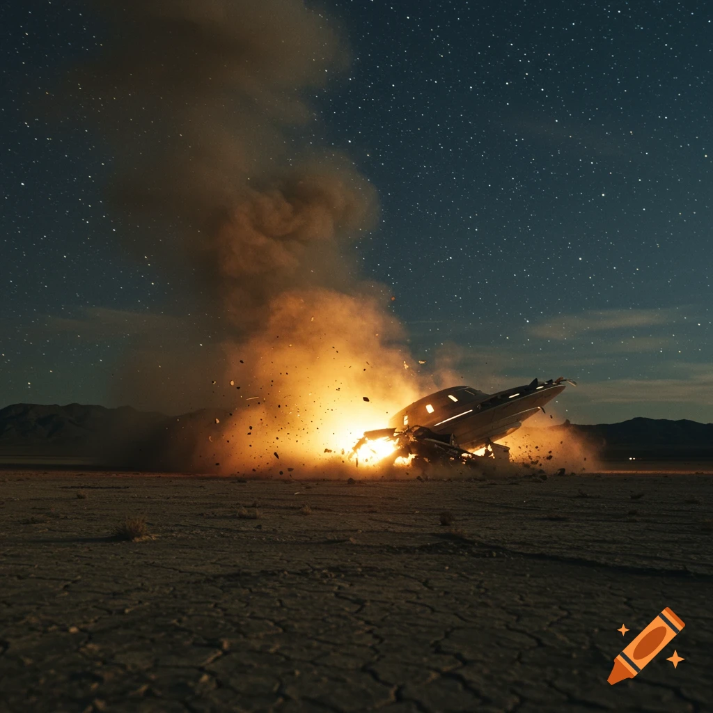 Photorealistic image of a UFO crashing in a desert at night under a starry sky, engulfed in explosion and smoke.