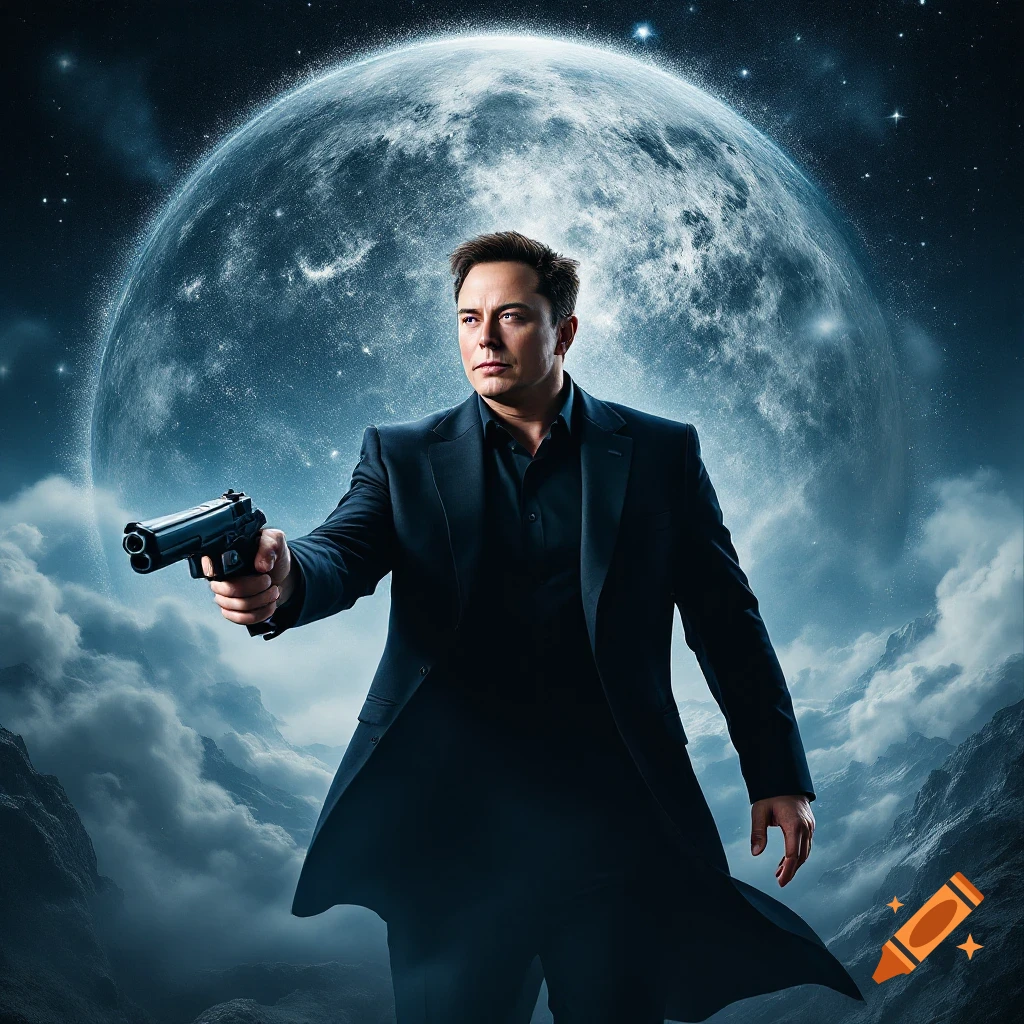 Elon Musk in a suit and trench coat holding a pistol against a large moon and stars, movie poster style