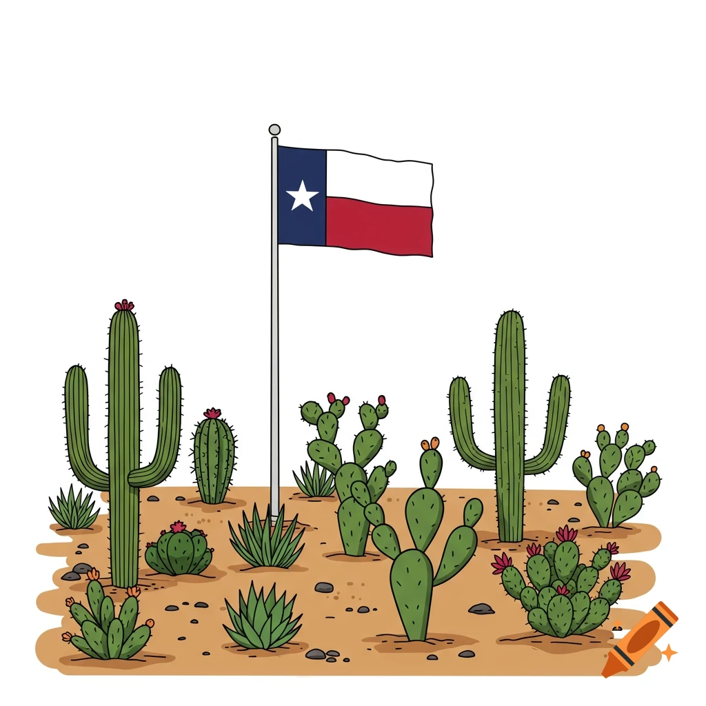 Vector art illustration of a desert landscape with various cacti and a Texas flag.