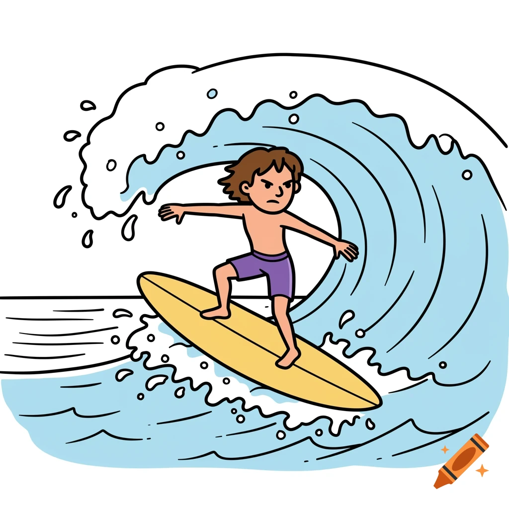 Cartoon illustration of a kid surfing a large wave.