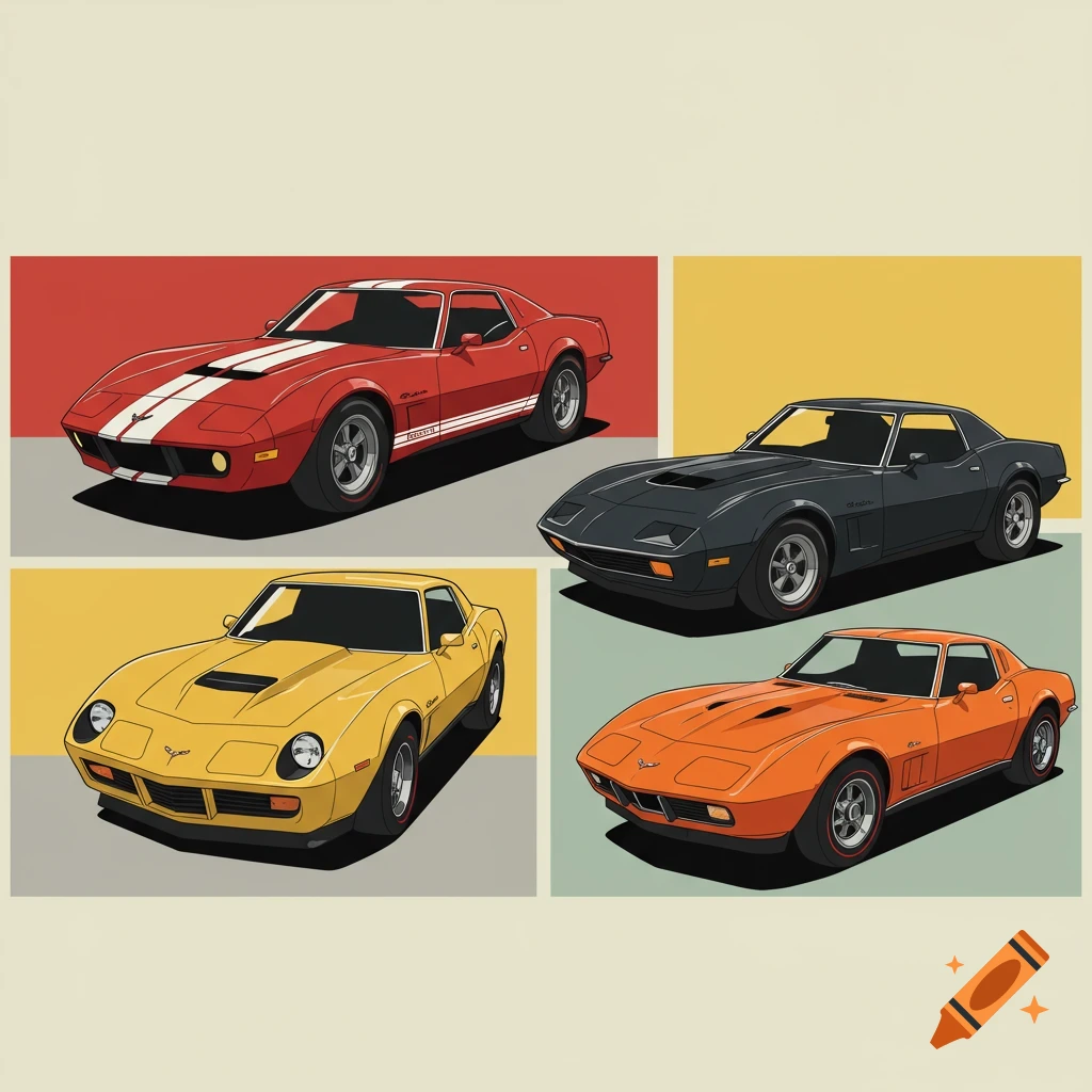 A collage of four classic sports cars: a red one with white stripes, a black one, a yellow one, and an orange one, in a vintage illustration style.