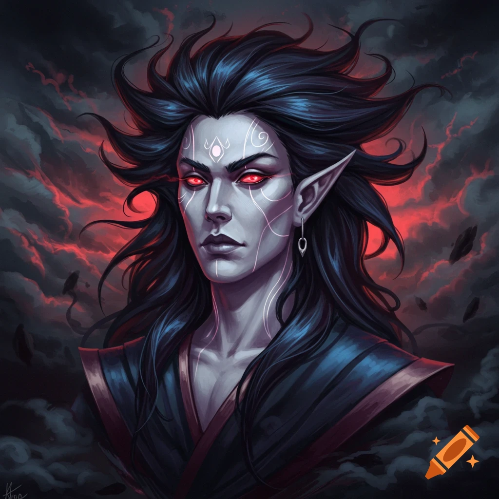 A fantasy character with glowing red eyes and markings against a dark sky.