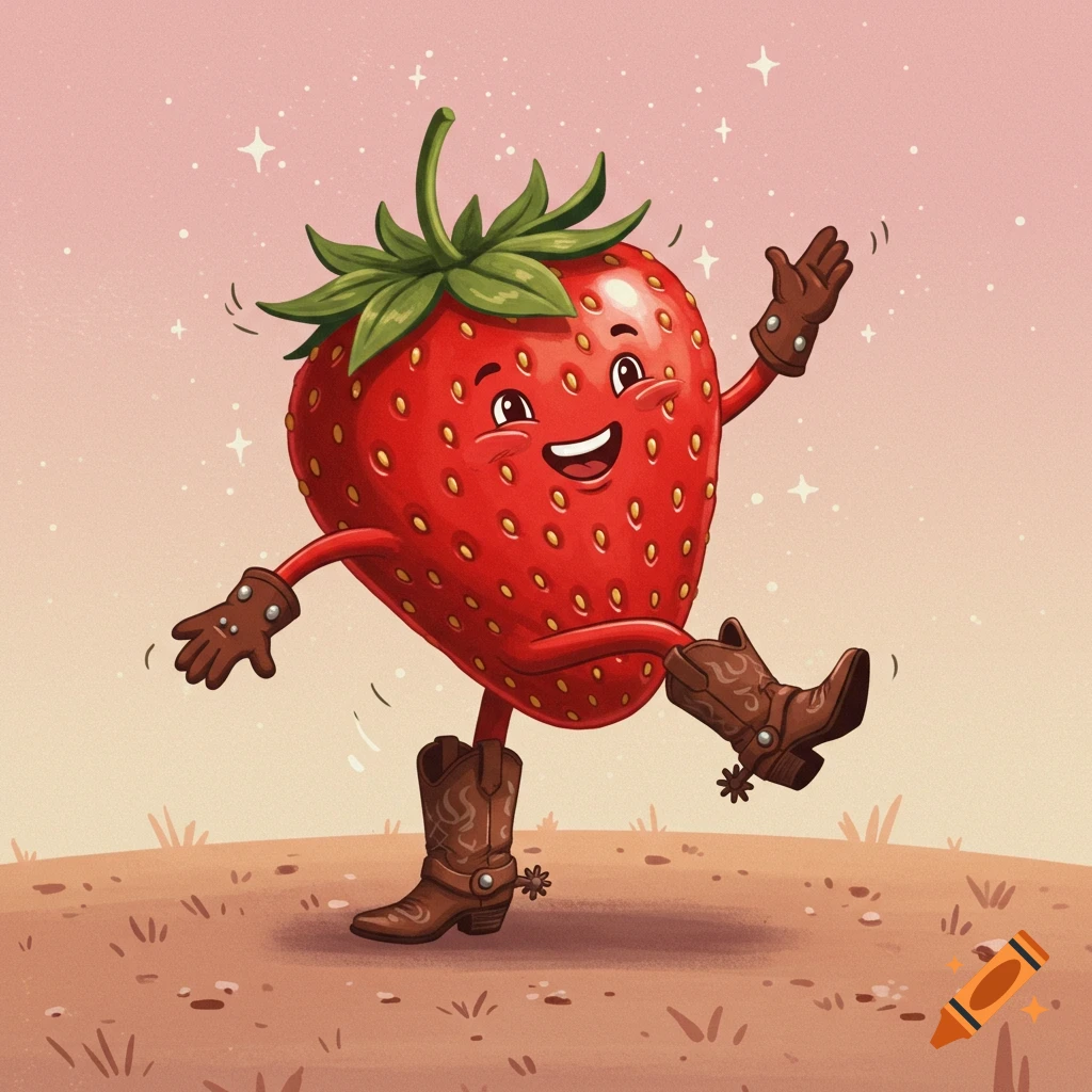 A cartoon strawberry wearing cowboy boots dances in a field.