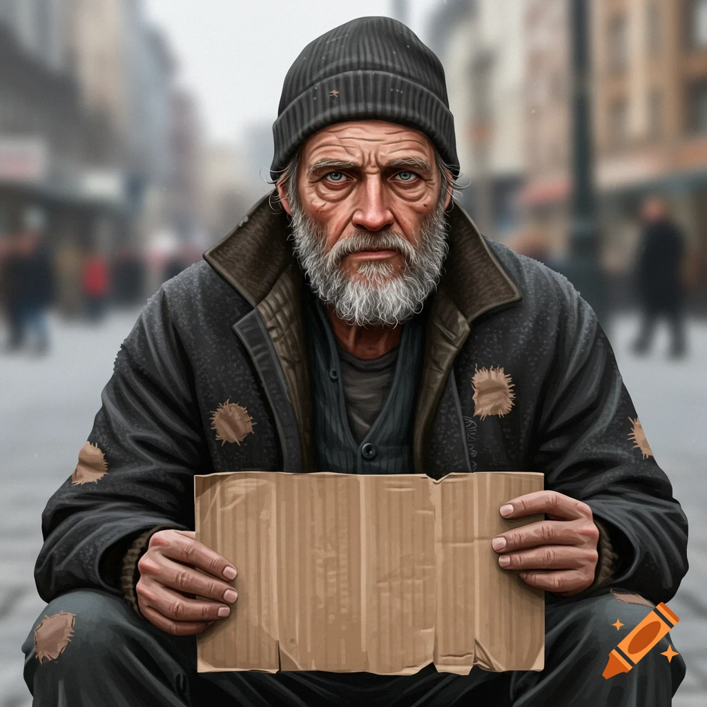 An older man holds a blank cardboard sign. He is wearing ragged clothes. The background is a blurry street.