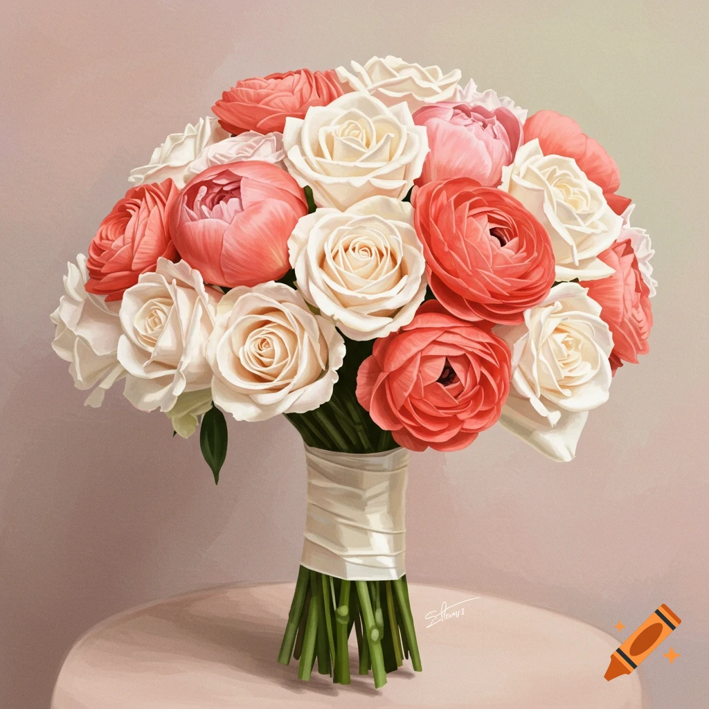 A bouquet of pink and white roses and peonies.