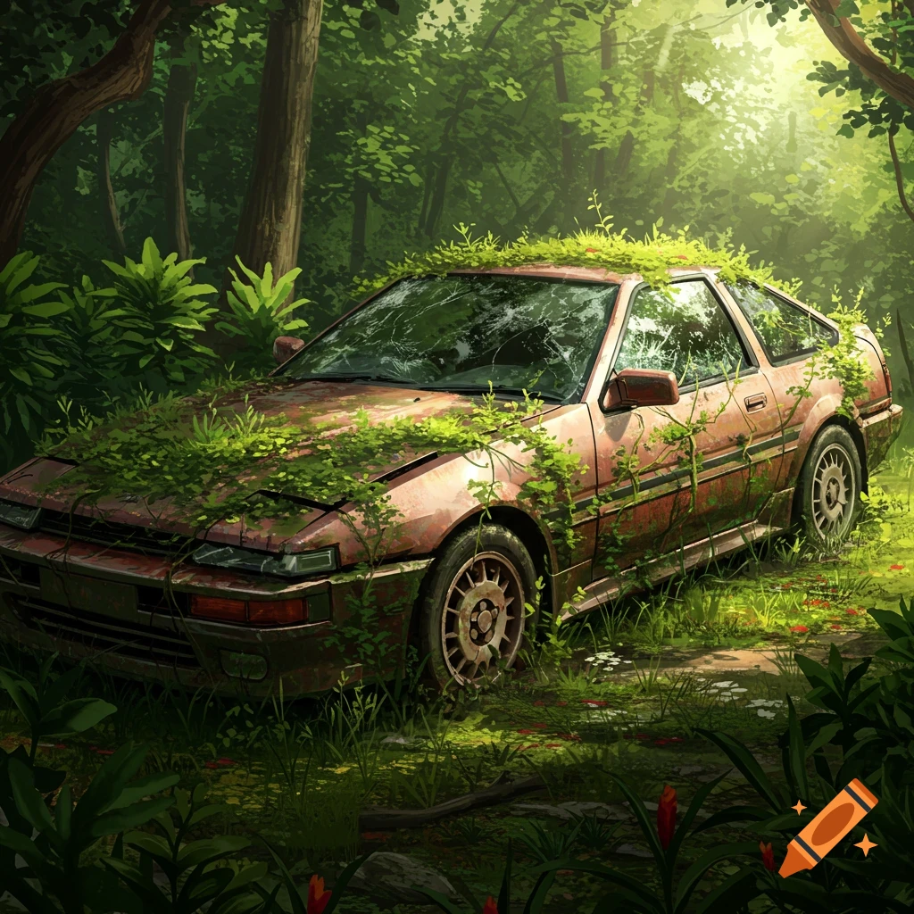 A rusted, overgrown car sits abandoned in a forest.