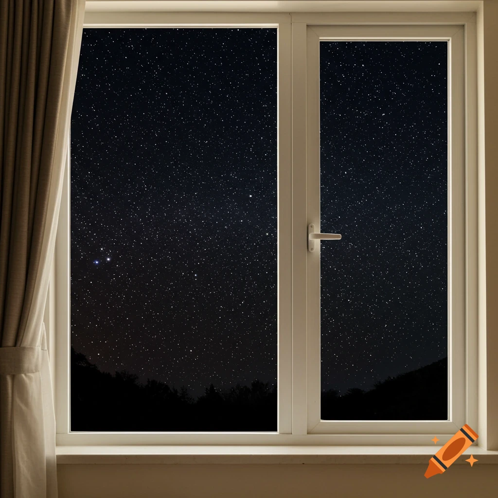 Starry night sky viewed through a window with curtains.