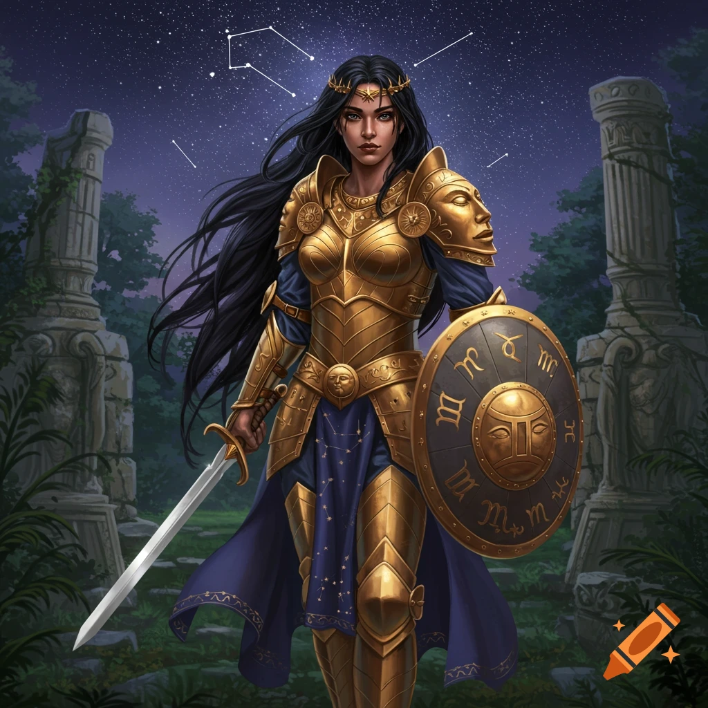 A warrior princess in golden armor holds a sword and shield under a starry sky in a forest.