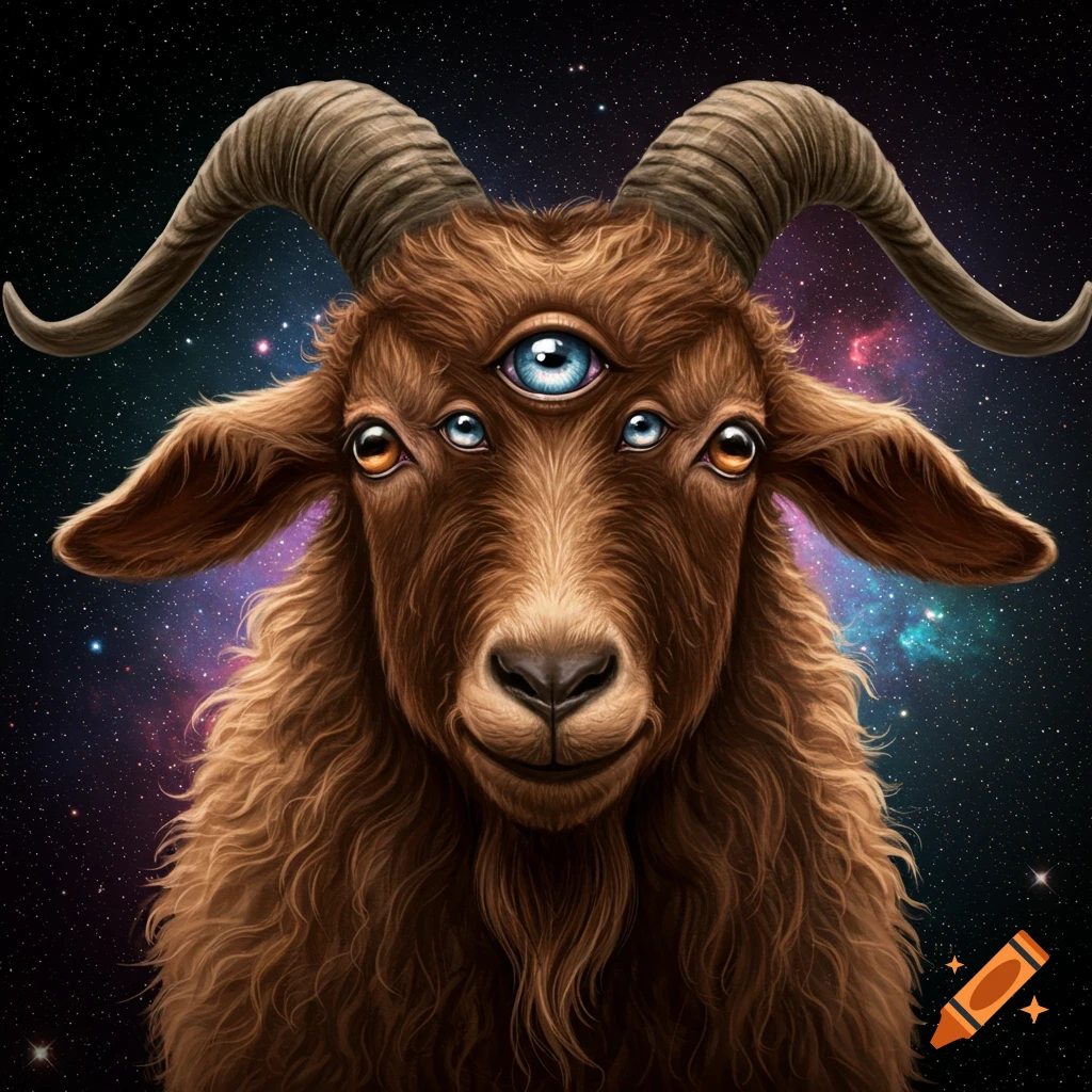 A three-eyed goat against a starry space background.