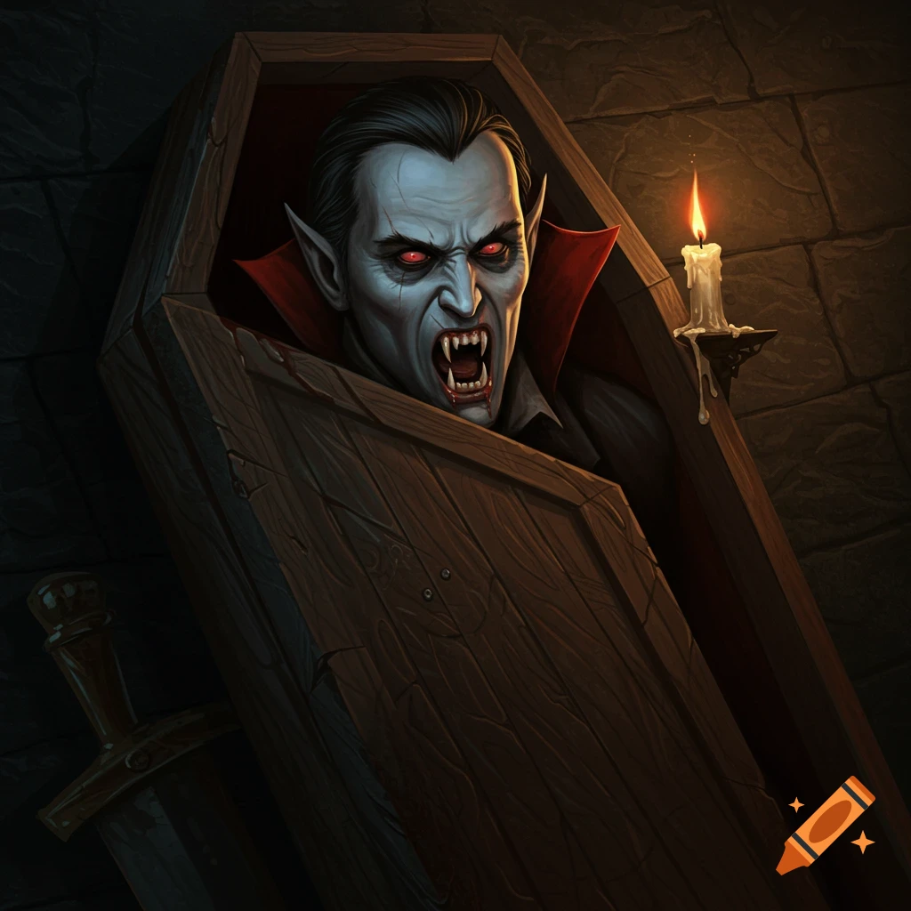 A scary vampire with glowing red eyes and fangs rises from a coffin in a dark room lit by a candle.