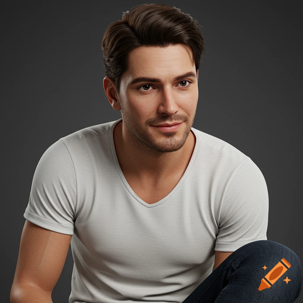A photorealistic portrait of a man in a white t-shirt.