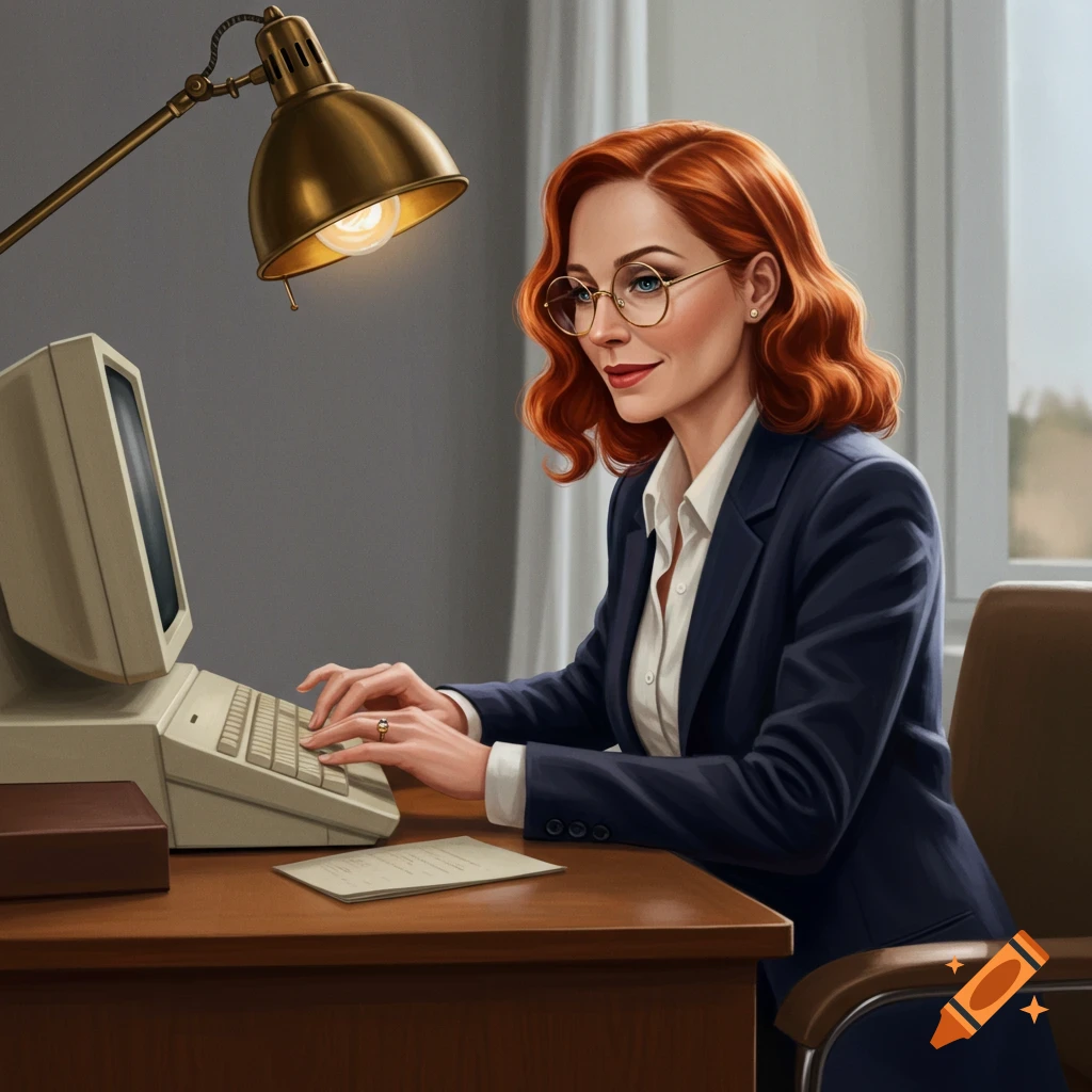 A red-haired woman with glasses is typing on a vintage computer at a desk.