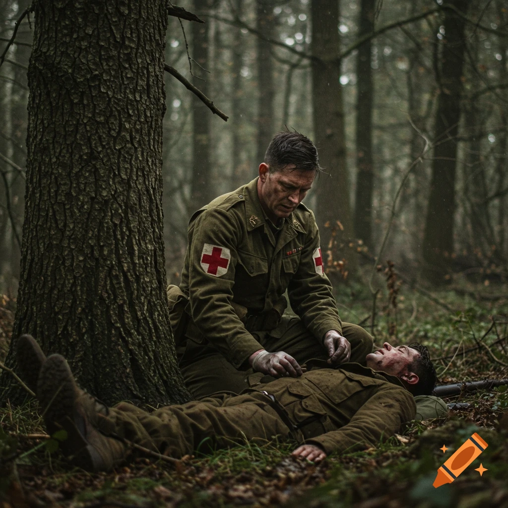 WW2 US Army medic tends to a wounded soldier in a forest. Photorealistic style.