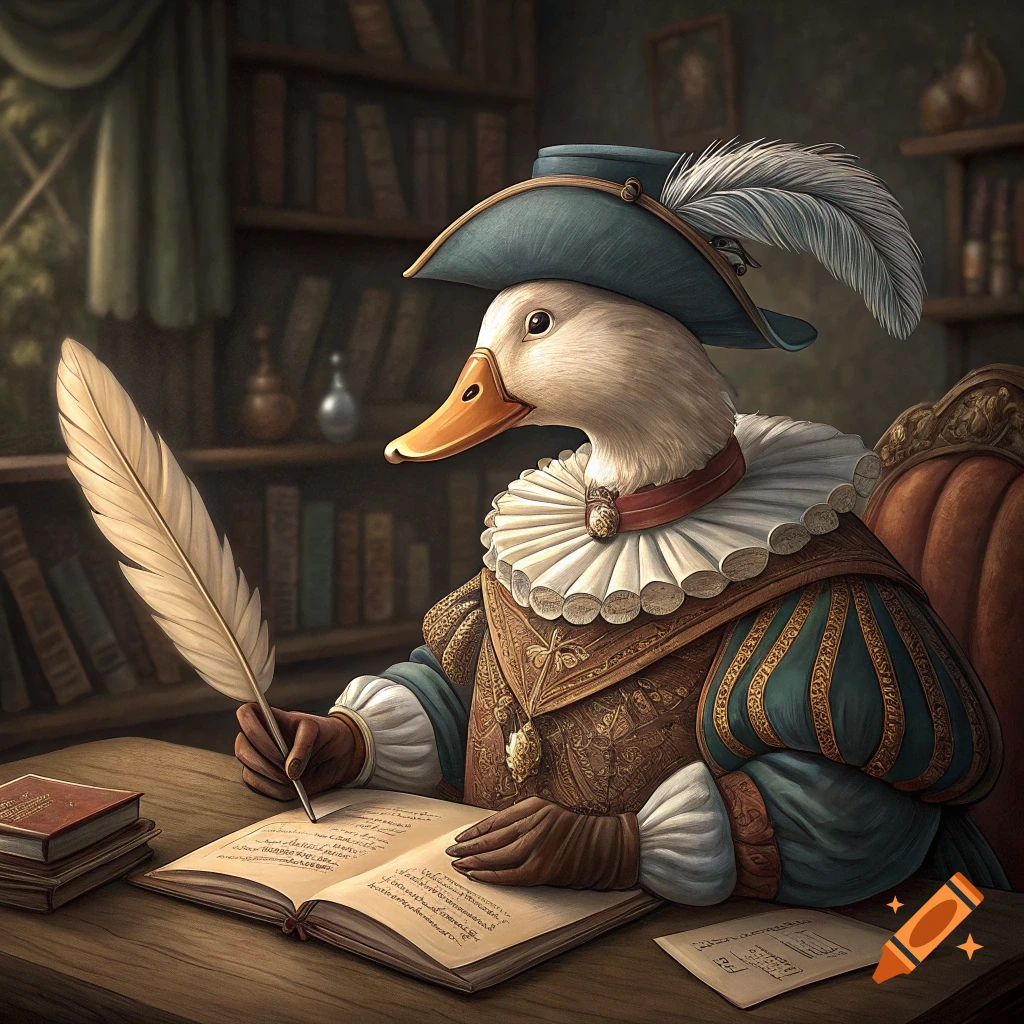 A duck dressed in historical clothing sits at a desk and writes with a quill.