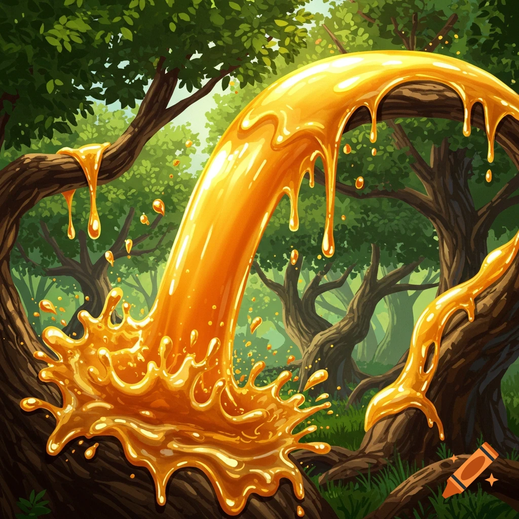 Golden honey splashes and drips across tree branches in a forest.