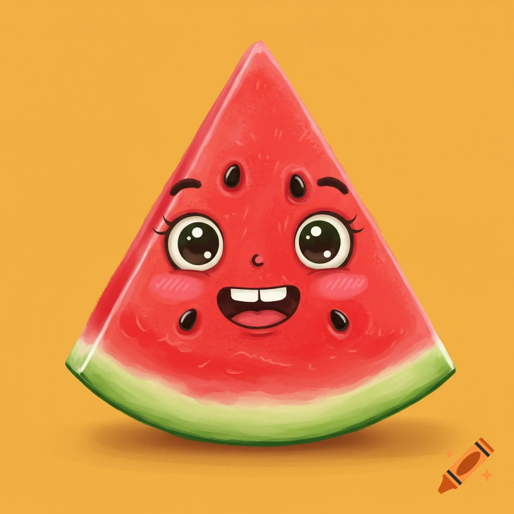 Cartoon illustration of a happy watermelon slice with a face on an orange background.