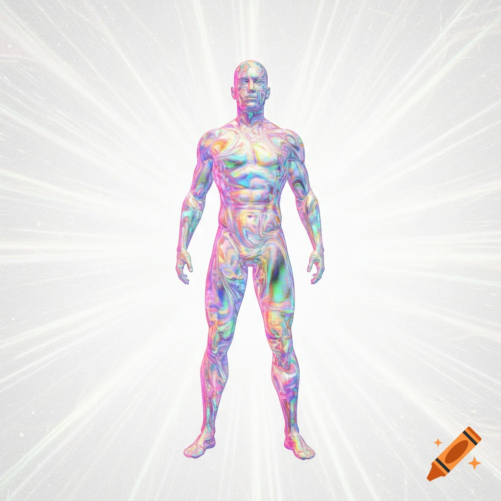 A chromatic, swirling figure stands in a bright white energy burst background.