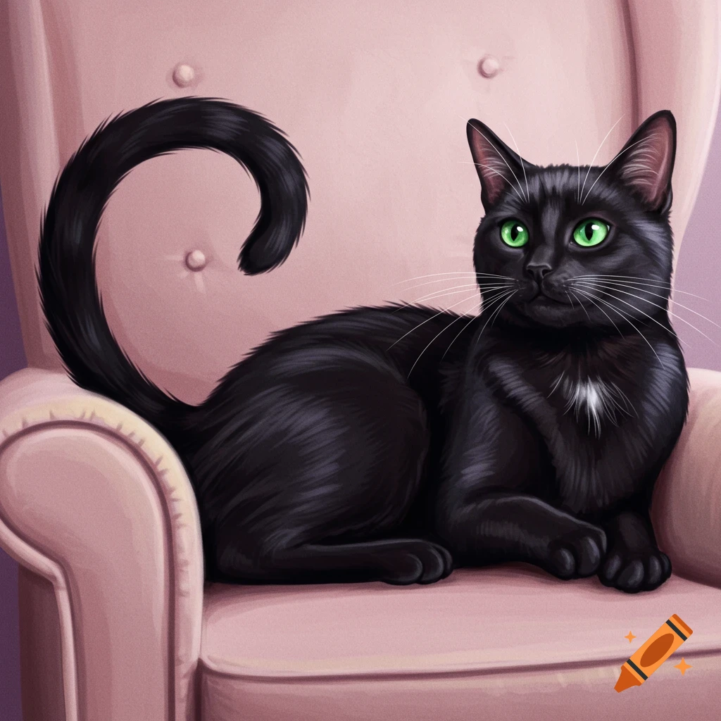 A black cat with green eyes sitting on a pink chair.
