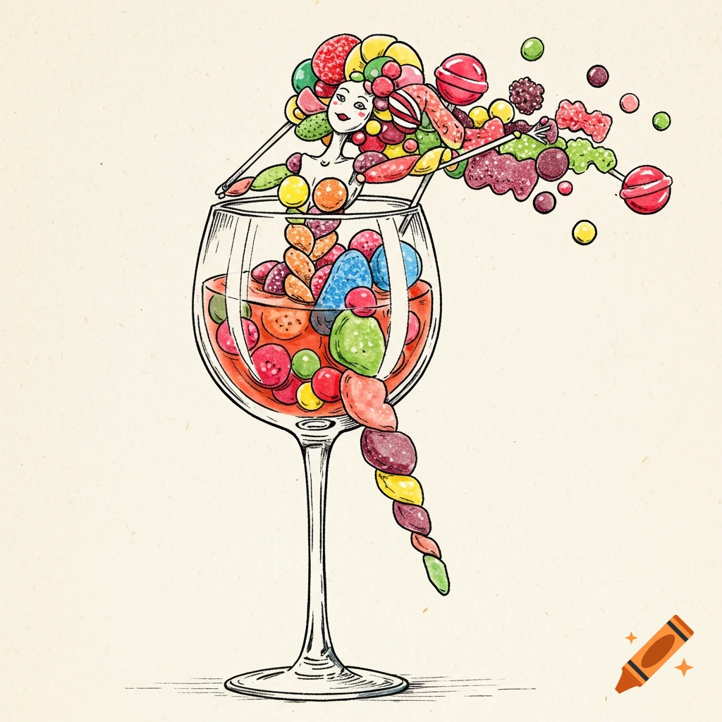 A sketch illustration of a woman made of colorful candy emerging from a wine glass filled with sweets.