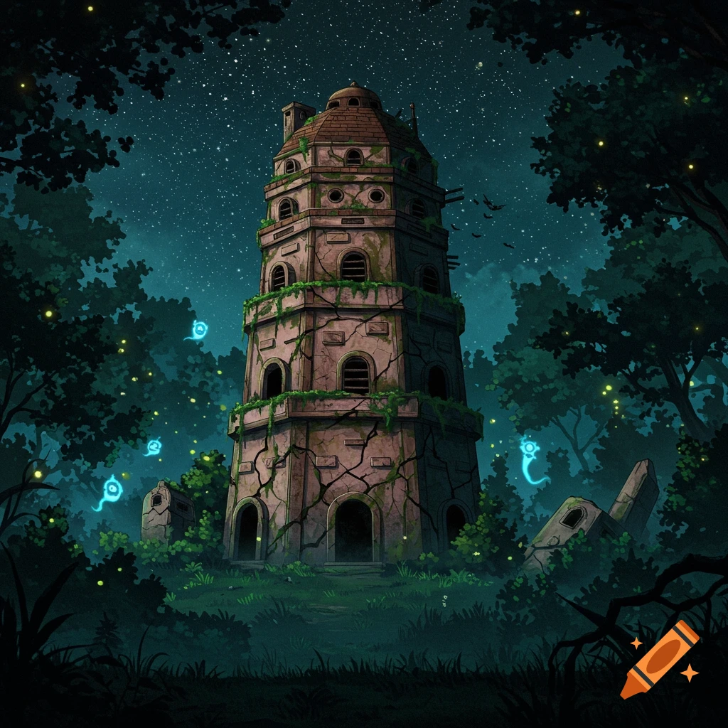 A cracked, abandoned tower stands in a haunted forest at night, with stars in the sky and glowing spirits around it.